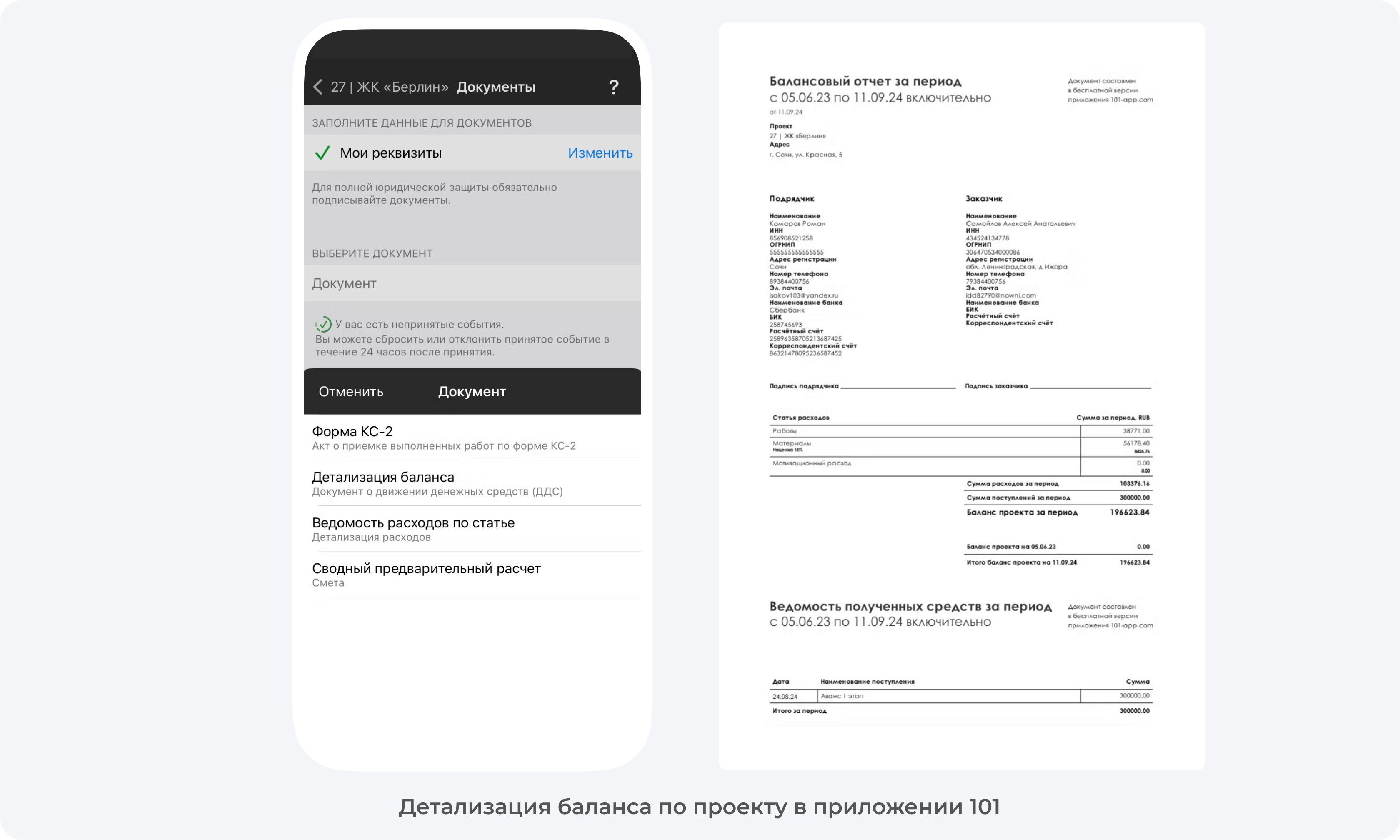 Детализация баланса по проекту в приложении 101